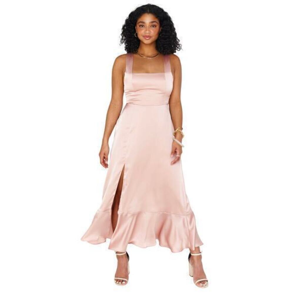 Show Me Your Mumu Claire Midi Dress in Rose Gold Luxe Satin size Small